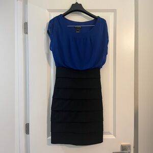 EnFocus Studio size 4 blue and black dress.  Sheer dark blue on the top.